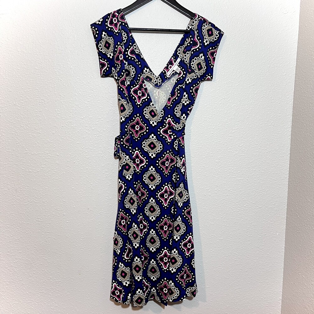 Diane Von Furstenberg Dress Womens 6 Heerlen Print Indigo V Neck Wrap